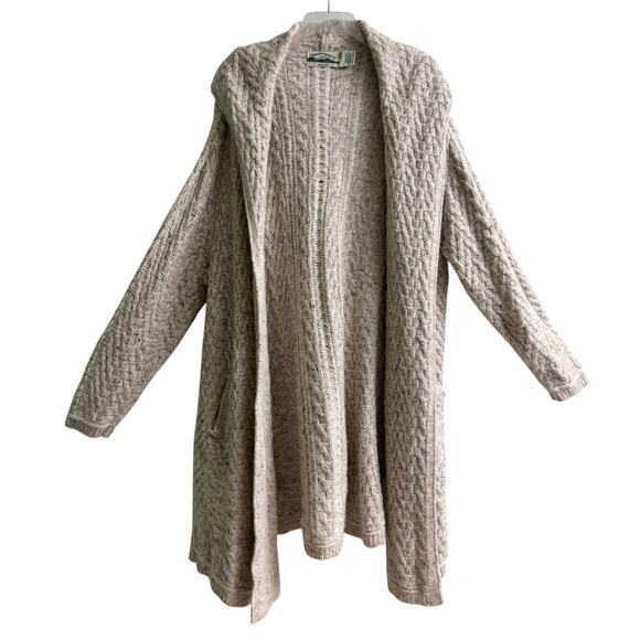 Aran Crafts Merino Wool Herringbone Oatmeal Open Front Shawl Hooded Sweater 2XL - Picture 1 of 8
